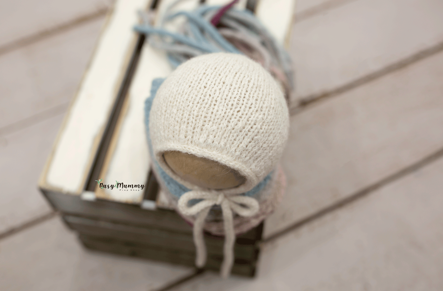 Newborn size knitted bonnet and knitted ties, Ready to send, green, white