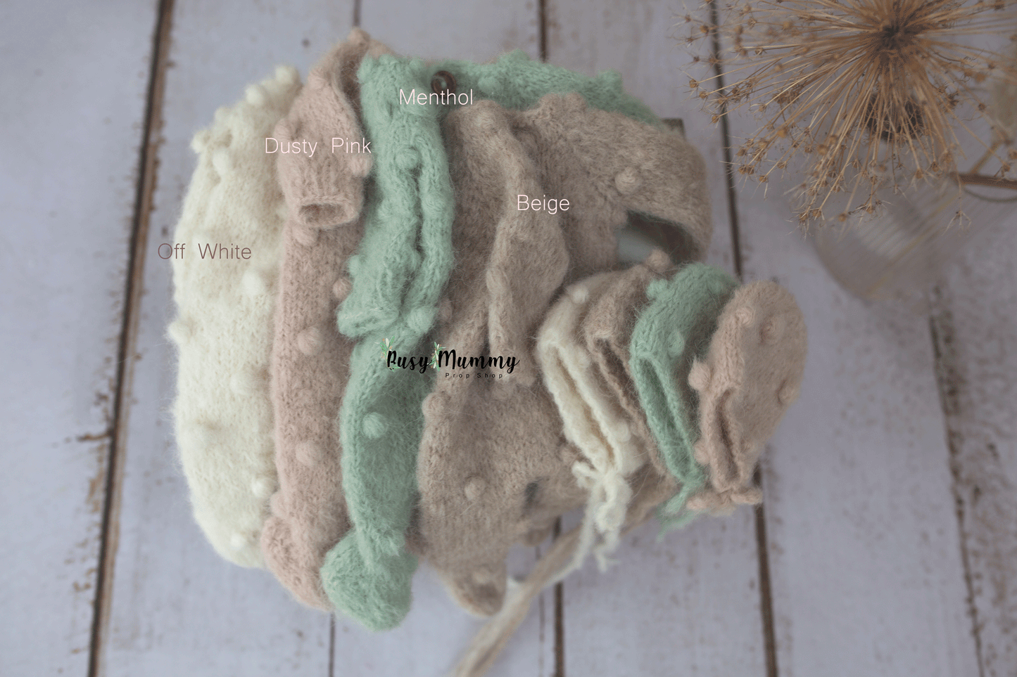 Newborn knitted bobble style pyjama, bonnet, alpaca, PRE ORDER