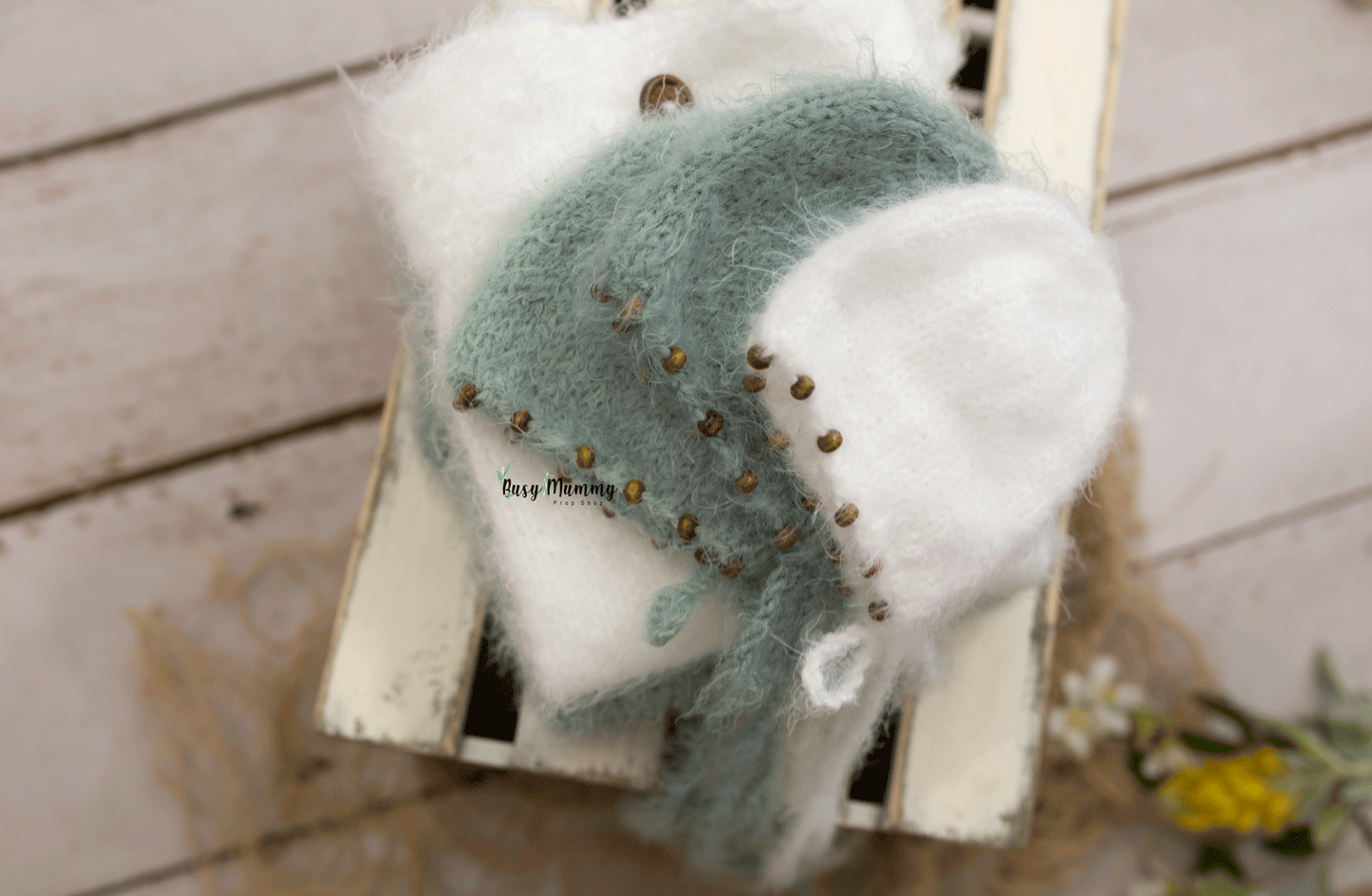 Knitted newborn size pyjama, beaded bonnet,  petrol,white, menthol, READY TO SEND