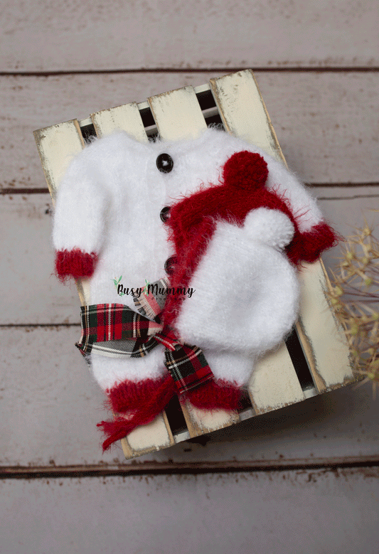 Newborn size knitted pyjama, white, red, Christmas, neutral, Ready to send