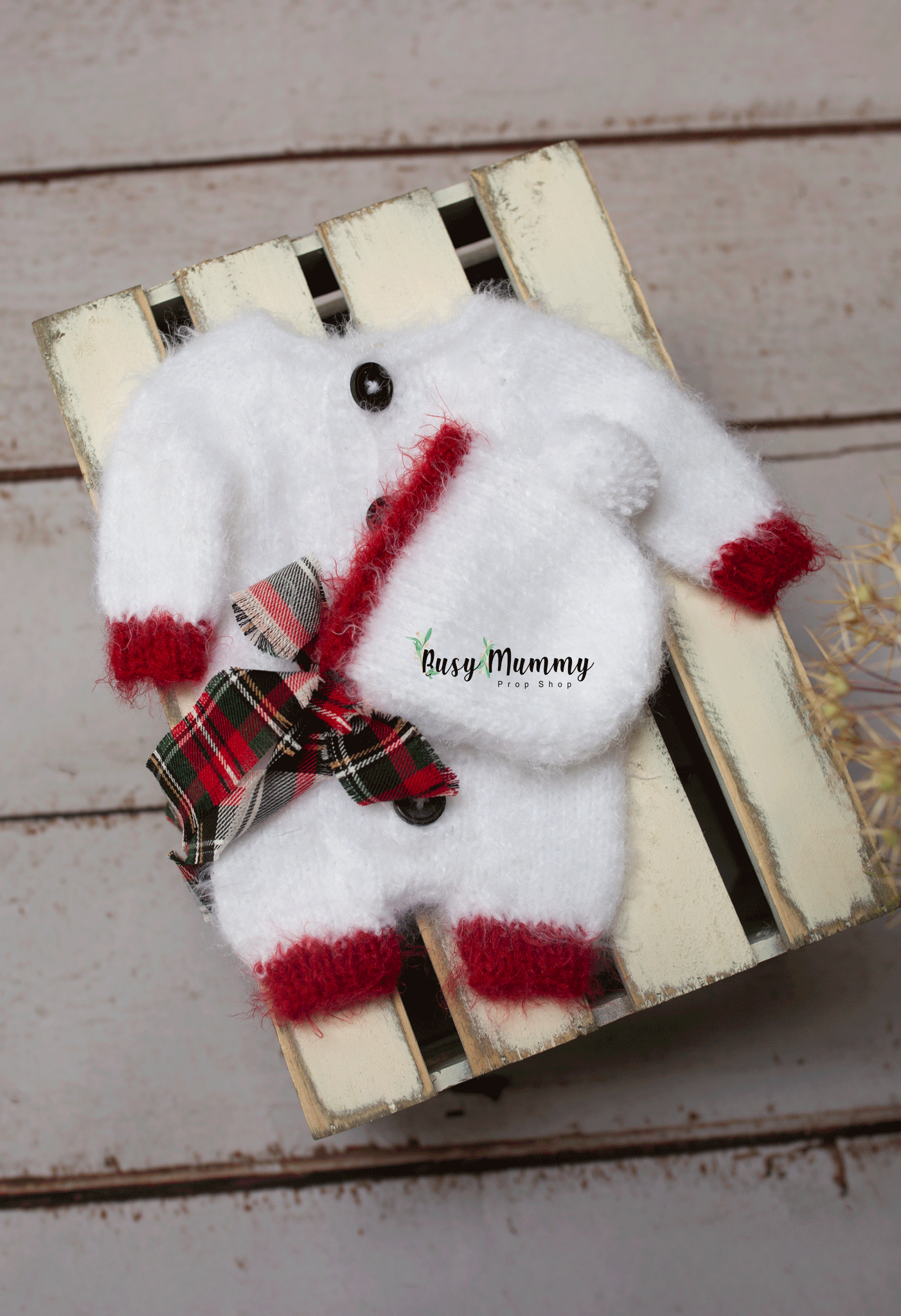 Newborn size knitted pyjama, white, red, Christmas, neutral, Ready to send