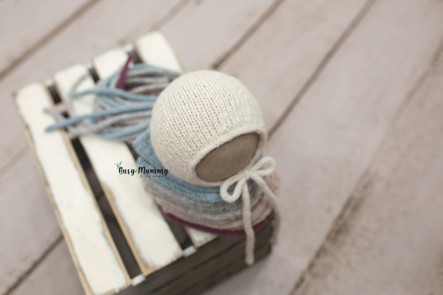 Newborn size knitted bonnet and knitted ties, Ready to send