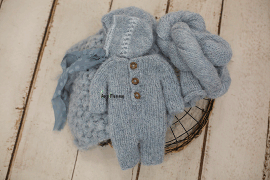 Newborn size pale blue, fog, pyjama, bonnet, wrap, chunky layer