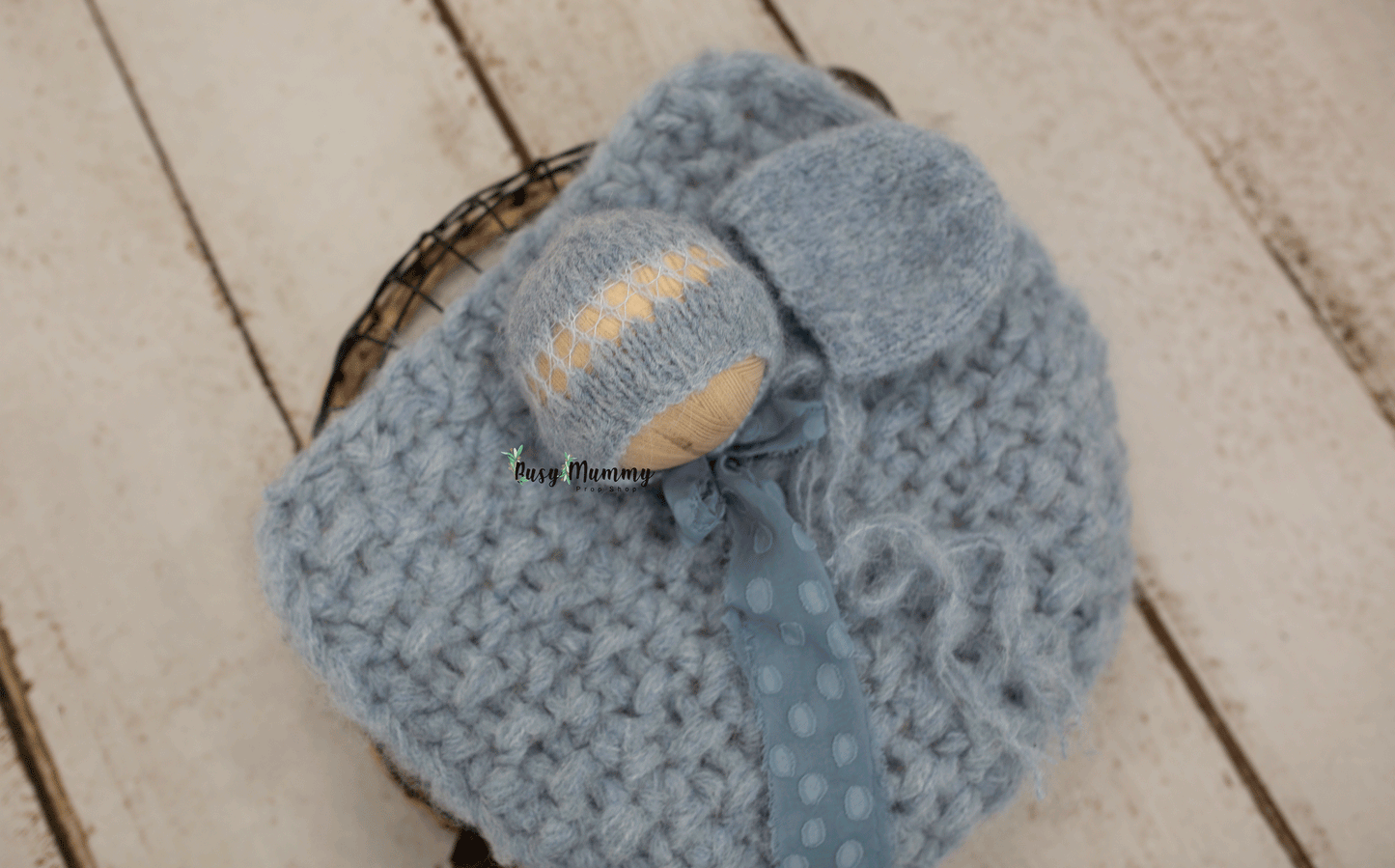 Newborn size pale blue, fog, pyjama, bonnet, wrap, chunky layer