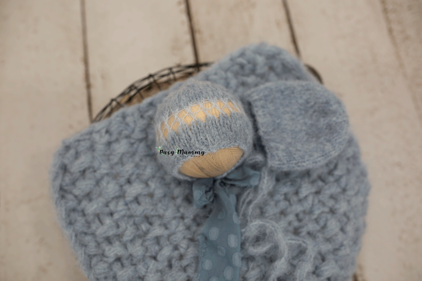 Newborn size pale blue, fog, pyjama, bonnet, wrap, chunky layer