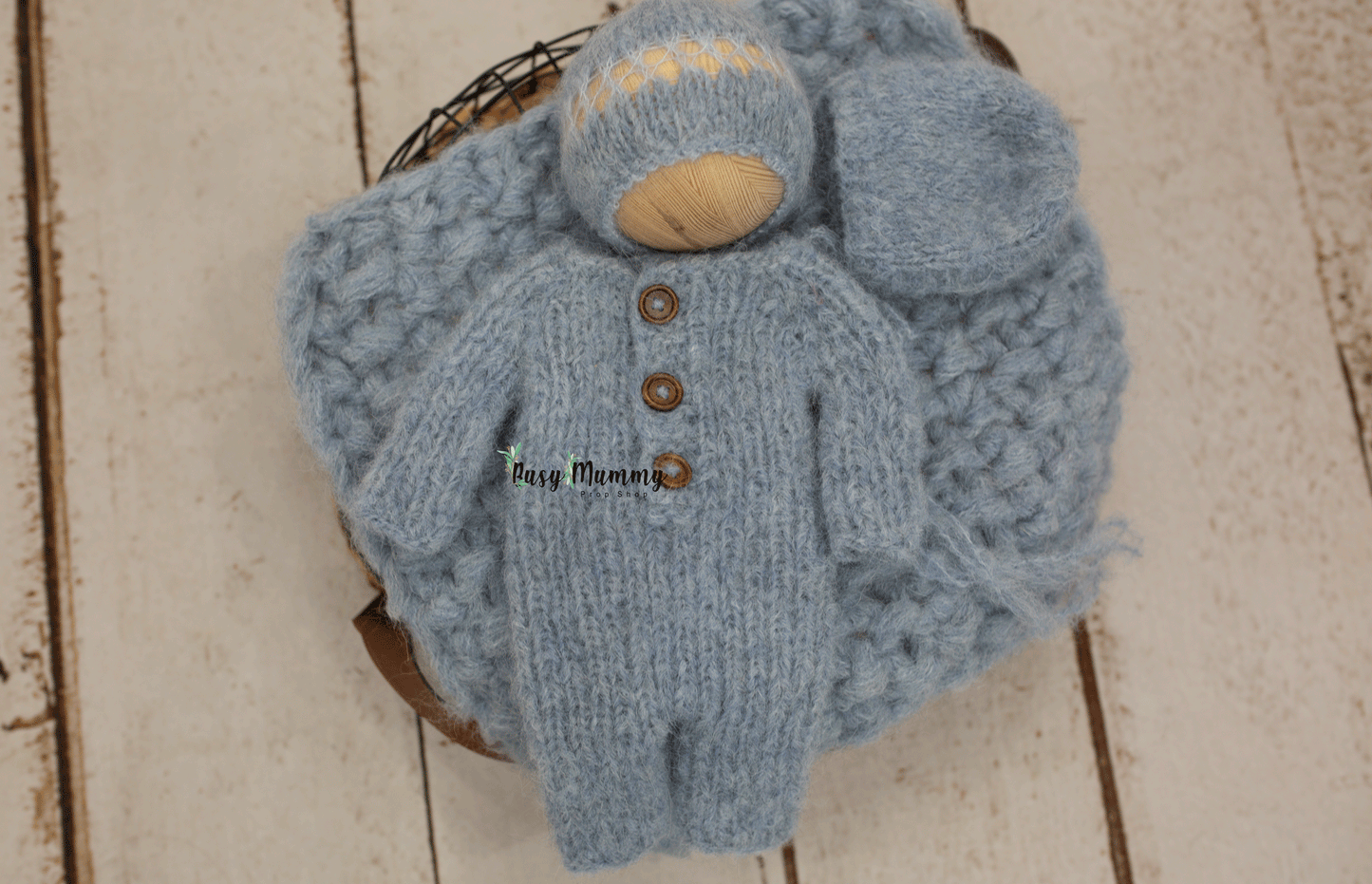 Newborn size pale blue, fog, pyjama, bonnet, wrap, chunky layer