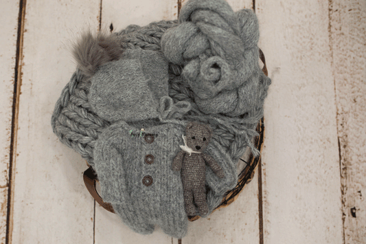 Dark grey pyjama, bonnet, chunky layer, knitted wrap, bear toy, Ready to send