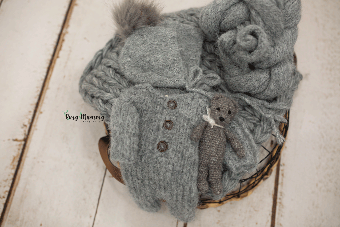 Dark grey pyjama, bonnet, chunky layer, knitted wrap, bear toy, Ready to send