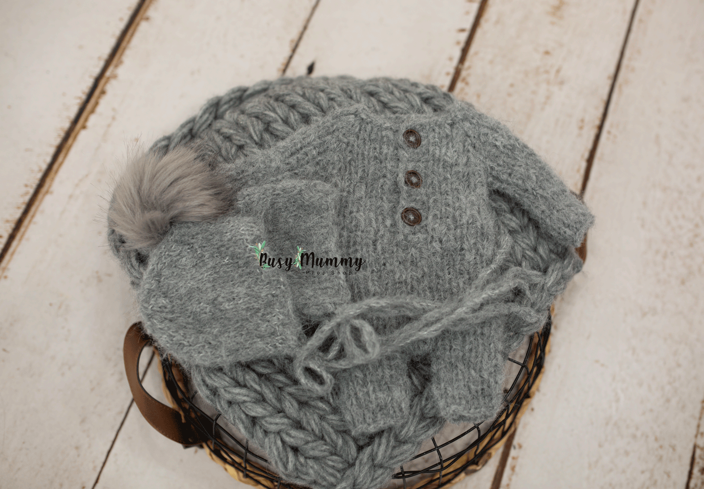 Dark grey pyjama, bonnet, chunky layer, knitted wrap, bear toy, Ready to send