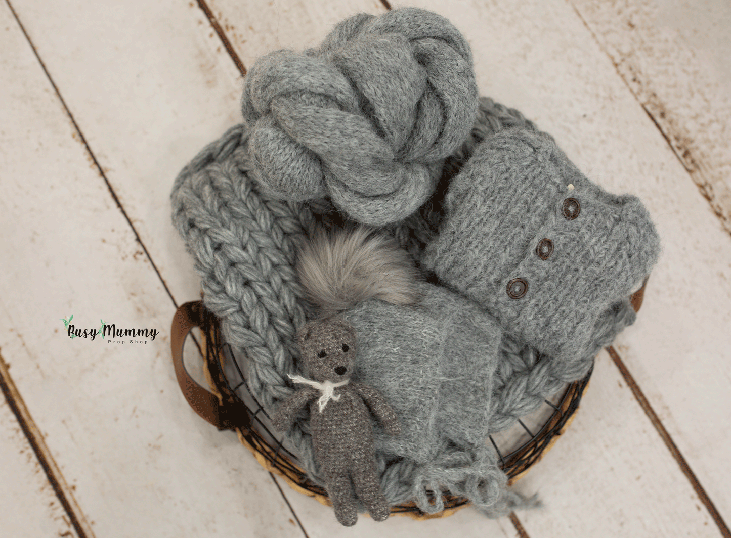 Dark grey pyjama, bonnet, chunky layer, knitted wrap, bear toy, Ready to send