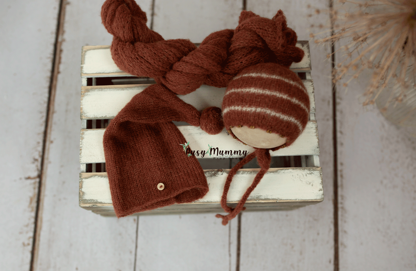 Newborn size, autumn, rust, sleep hat, bonnet, beaded, alpaca, Ready to send