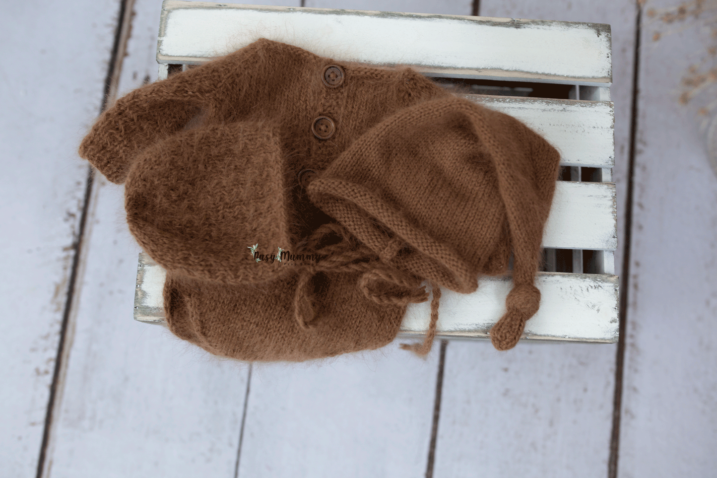 Newborn size, knitted romper, bonnet, rust, sleep hay, neutral, Ready to send