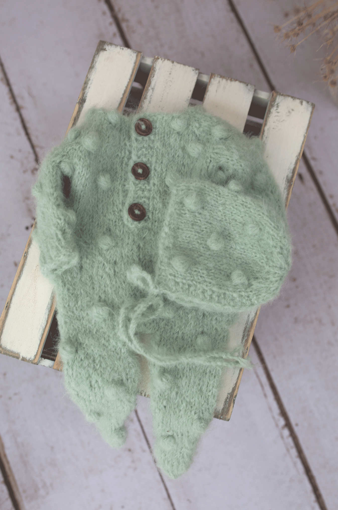 Newborn knitted bobble style pyjama, bonnet, alpaca, Ready to send