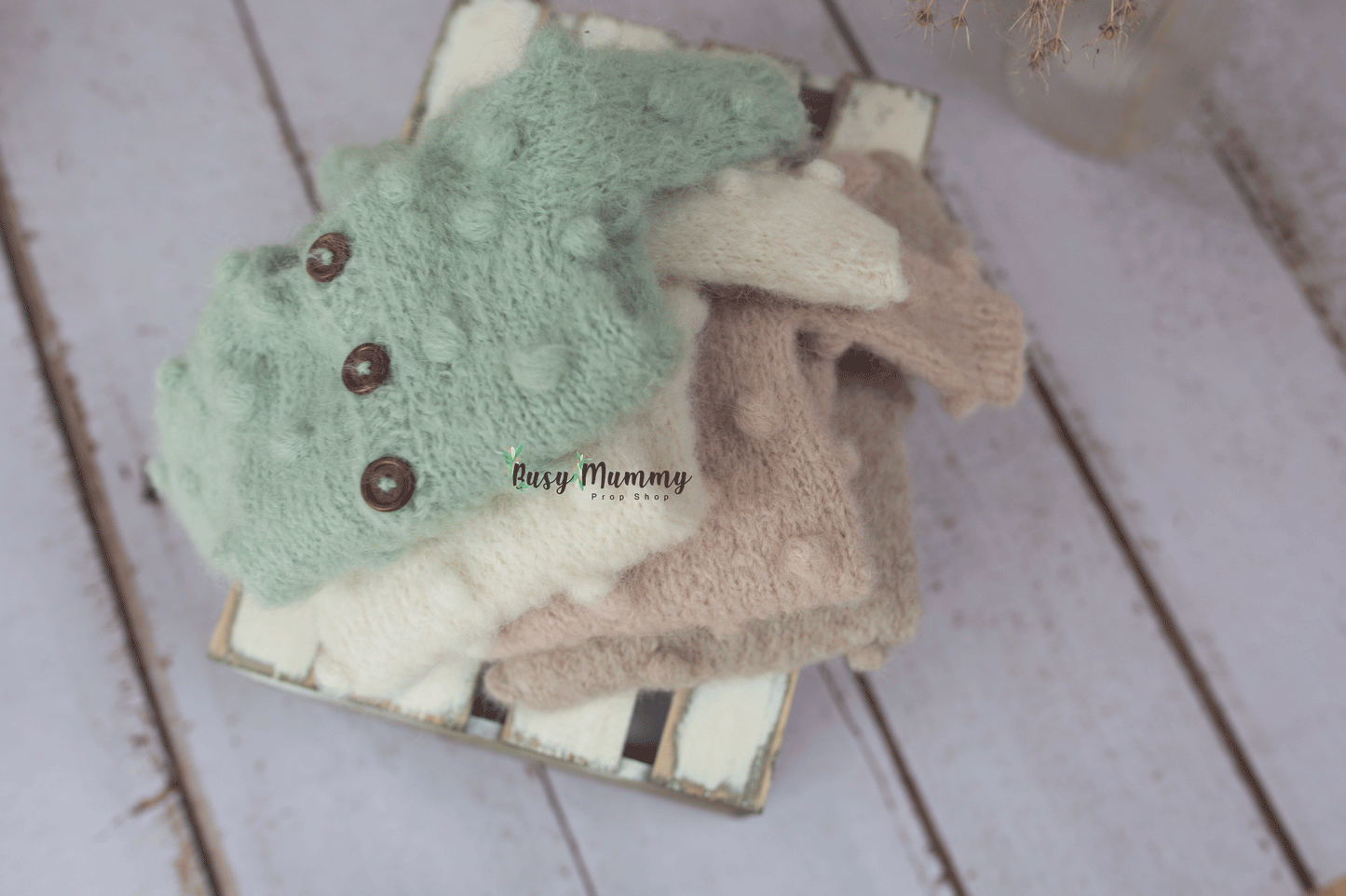 Newborn knitted bobble style pyjama, bonnet, alpaca, Ready to send