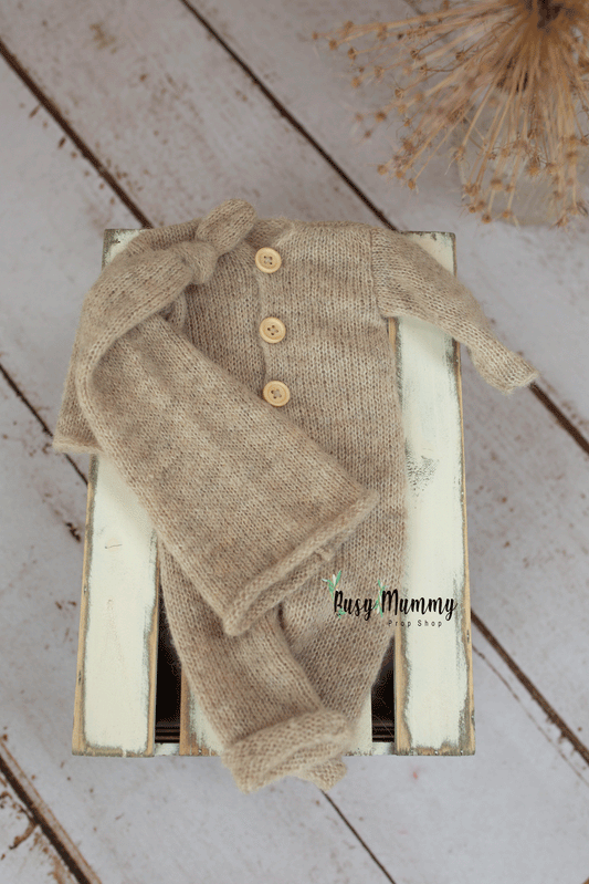 Newborn size, neutral, beige, pyjama, sleep hat set, Ready to send