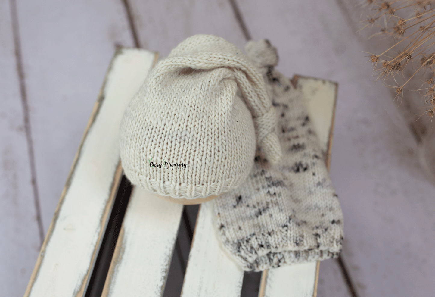 Newborn size, knitted merino sleep hat, neutral, twin, Ready to send