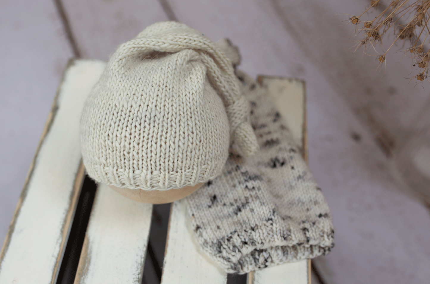 Newborn size, knitted merino sleep hat, neutral, twin, Ready to send