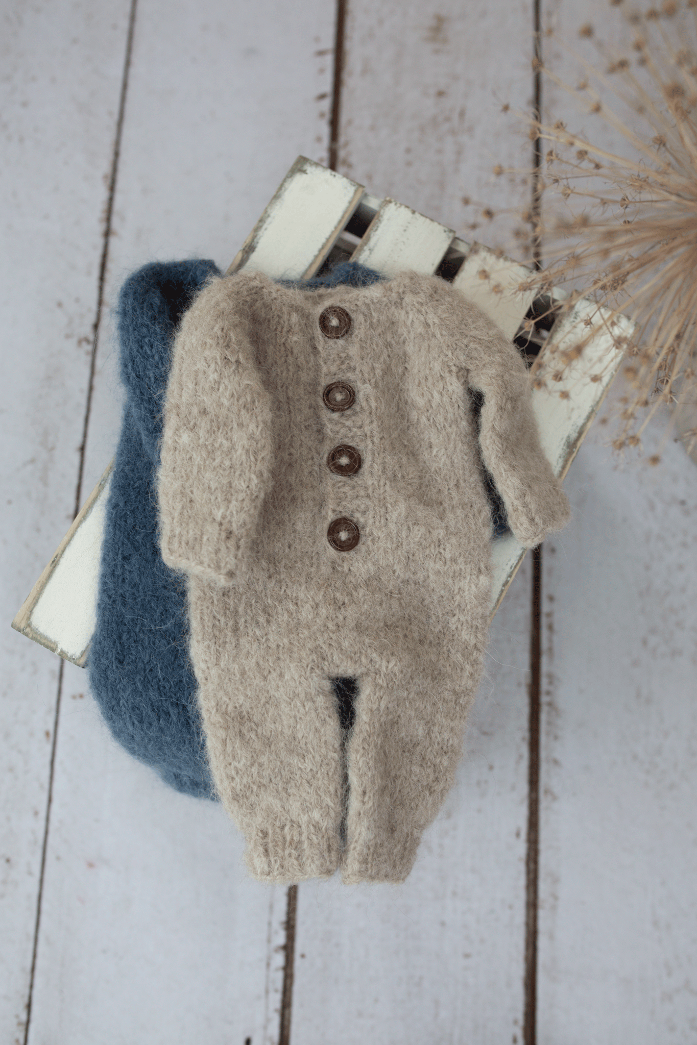 Newborn size knitted pyjama, pixie hat, navy,  beige, neutral, READY TO SEND