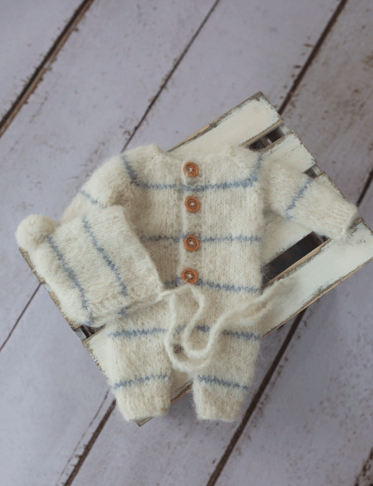 Newborn size, knitted pyjama, pixie hat, blue stripe, Ready to send