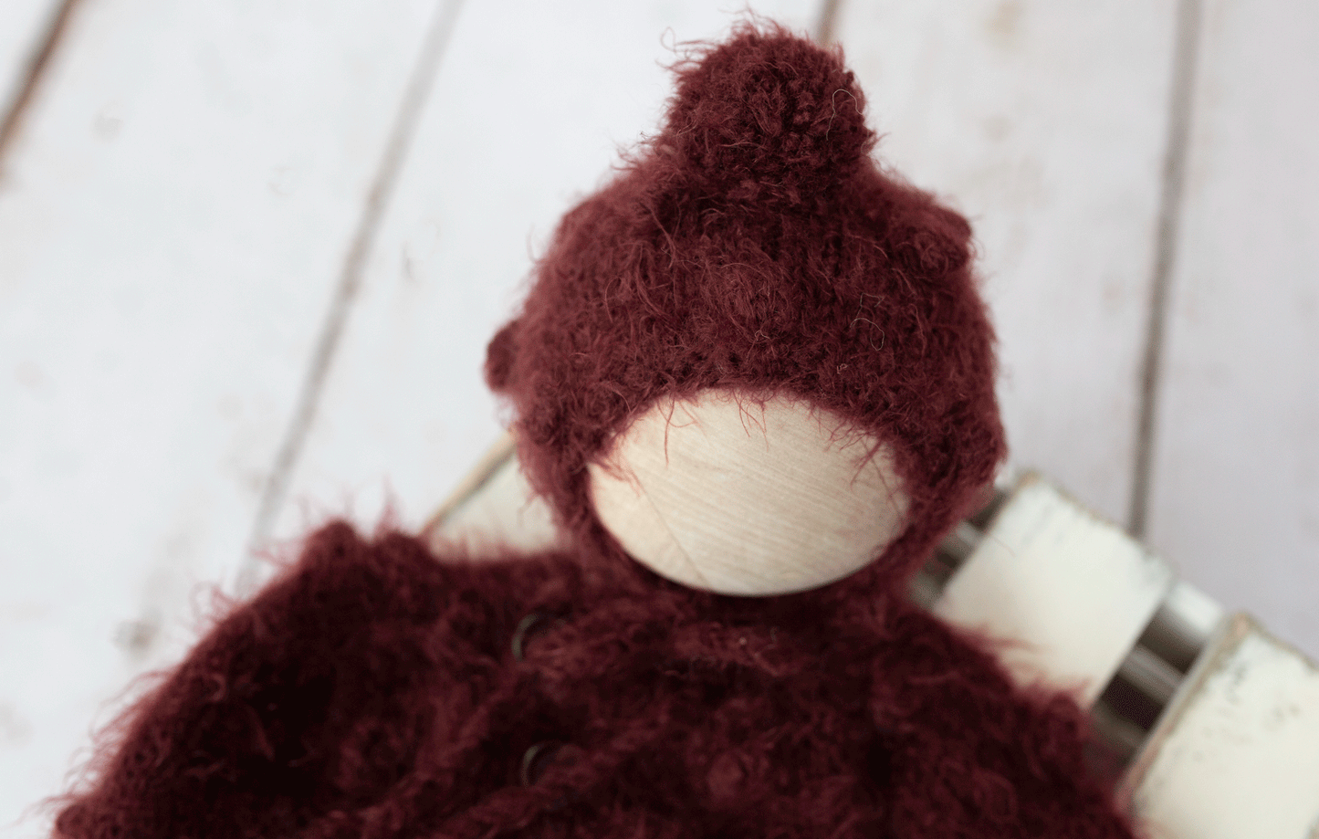 Newborn size, burgundy, fluffy, knitted pyjama bobble style, bonnet, Ready to send