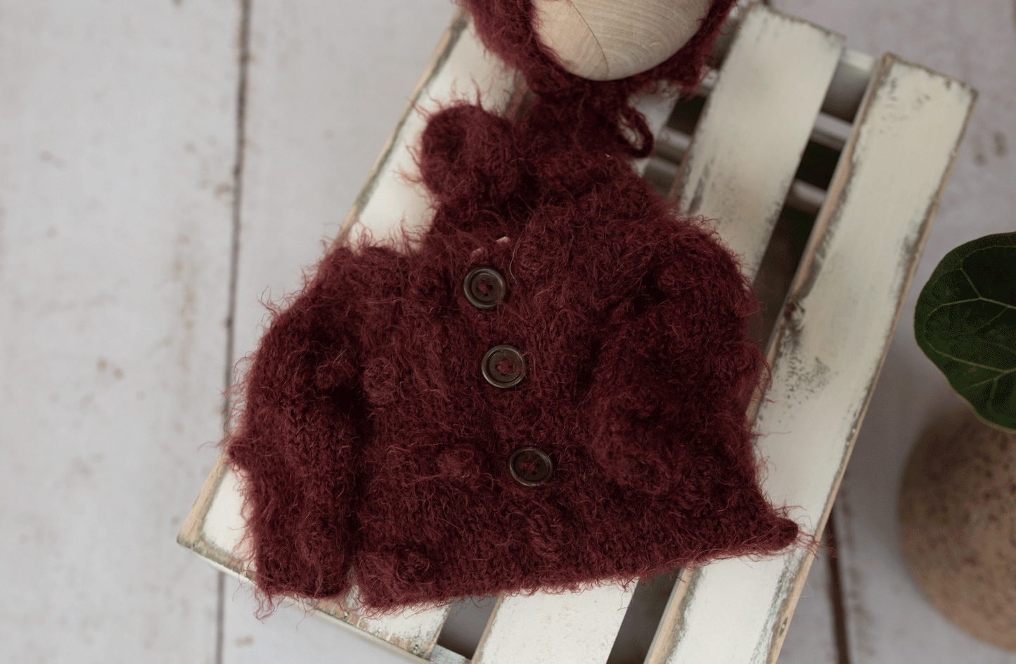 Newborn size, burgundy, fluffy, knitted pyjama bobble style, bonnet, Ready to send