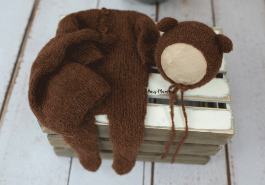 Newborn size, knitted bear outfit, sleep hat, dark brown, Ready to send