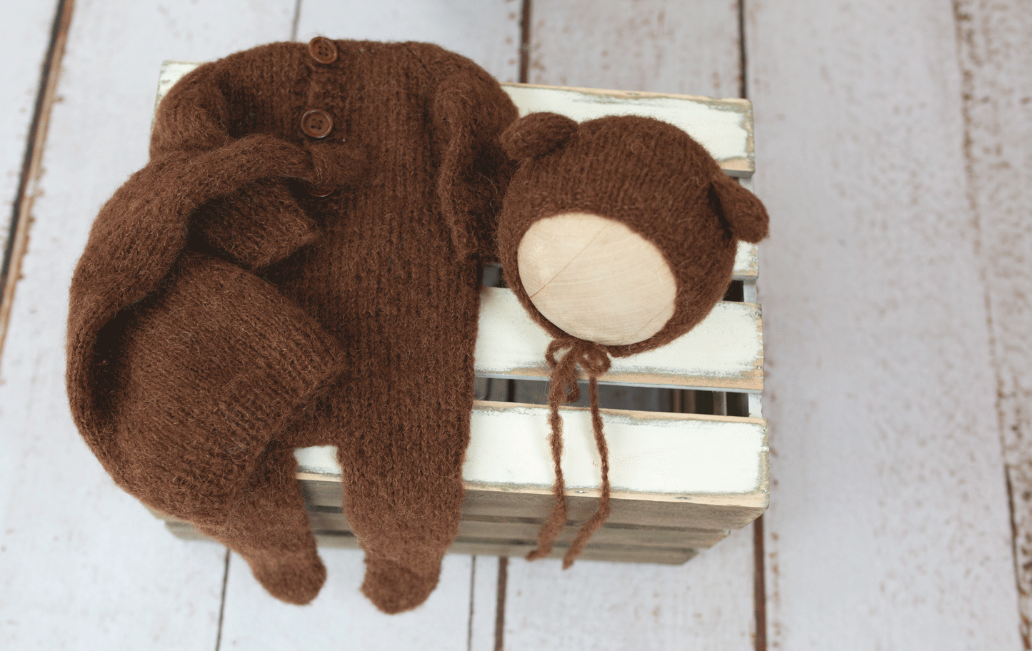 Newborn size, knitted bear outfit, sleep hat, dark brown, Ready to send