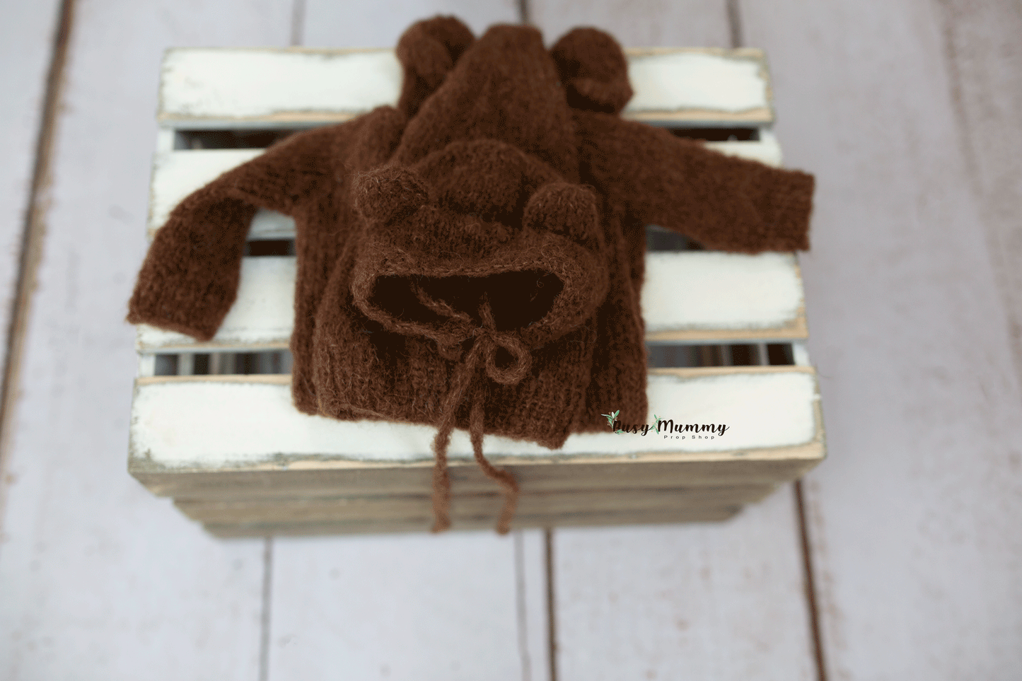 Newborn size, knitted bear outfit, sleep hat, dark brown, Ready to send