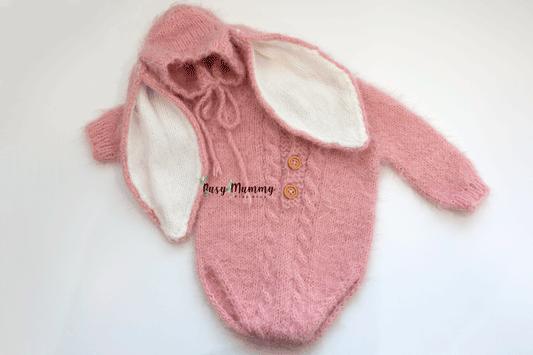 Super soft knitted romper and bunny bonnet, easter, pink, sitter, 3 6 month, Ready to send