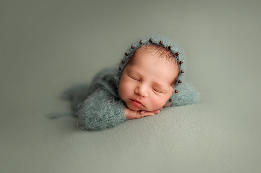 Knitted newborn size pyjama, beaded bonnet,  petrol,white, menthol, READY TO SEND