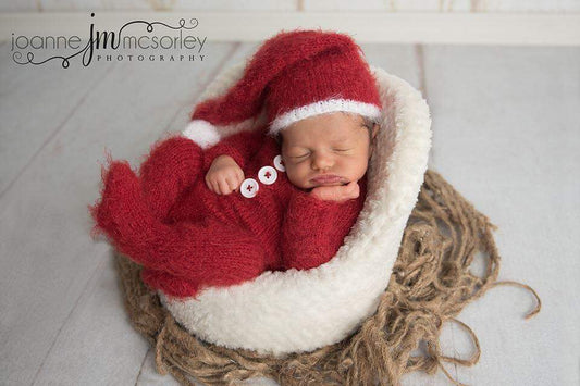 Newborn sitter size knitted pyjama,Christmas, red, santa sleep hat,PRE ORDER