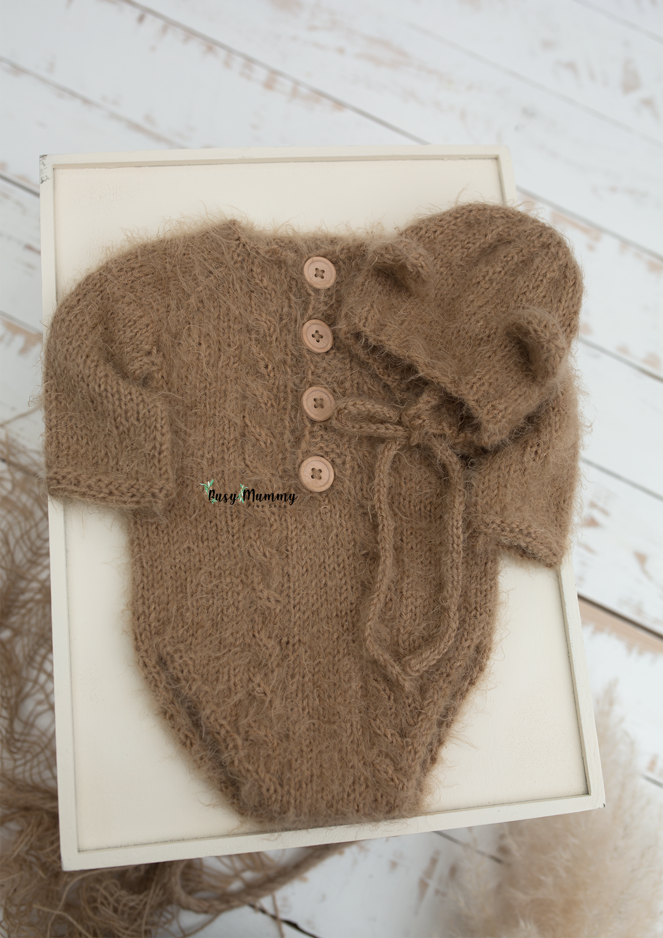 Knitted romper, baby boy, girl, 3 6 month, bear bonnet, brown, off white, grey, Ready to send