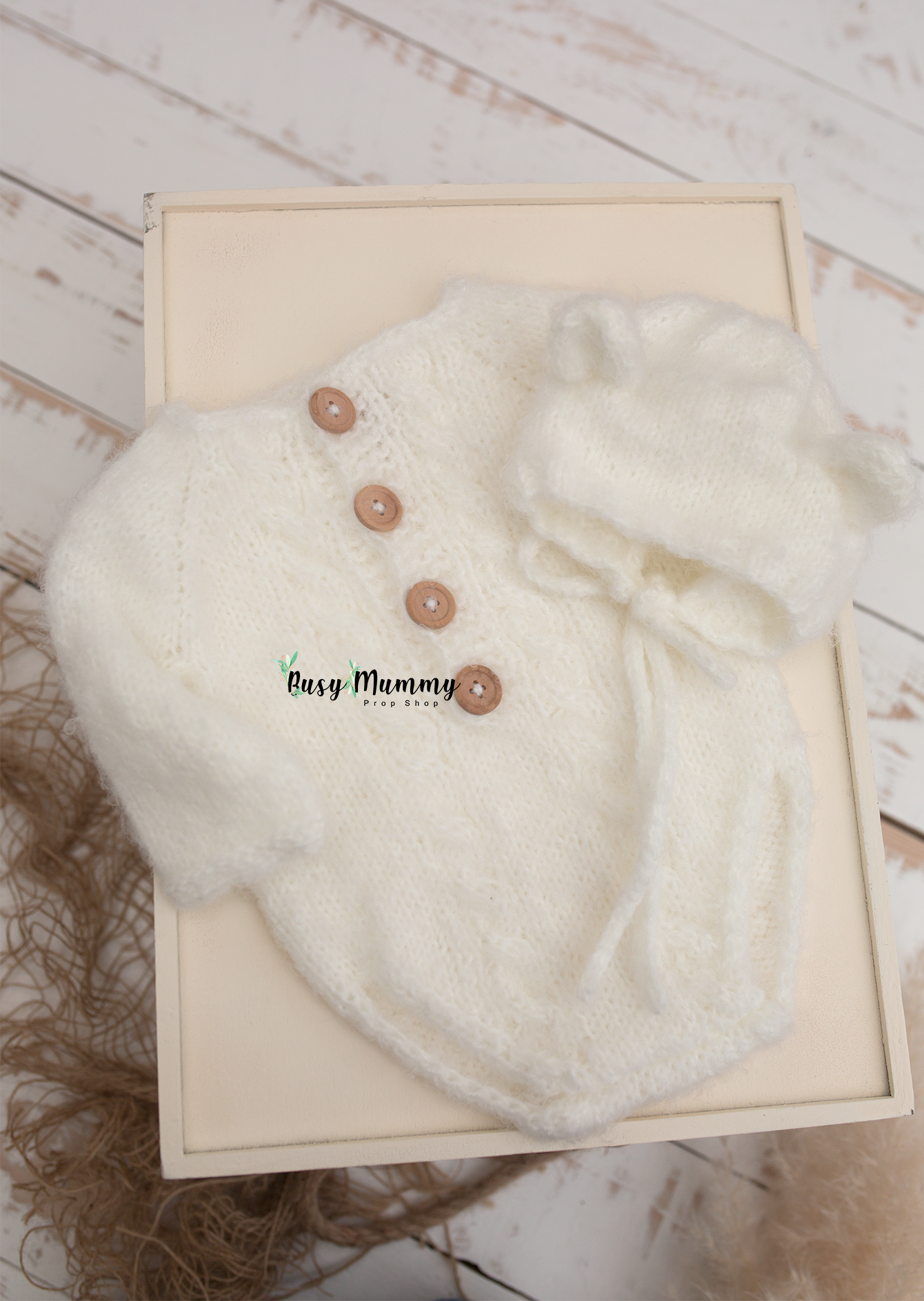 Knitted romper, baby boy, girl, 3 6 month, bear bonnet, brown, off white, grey, Ready to send