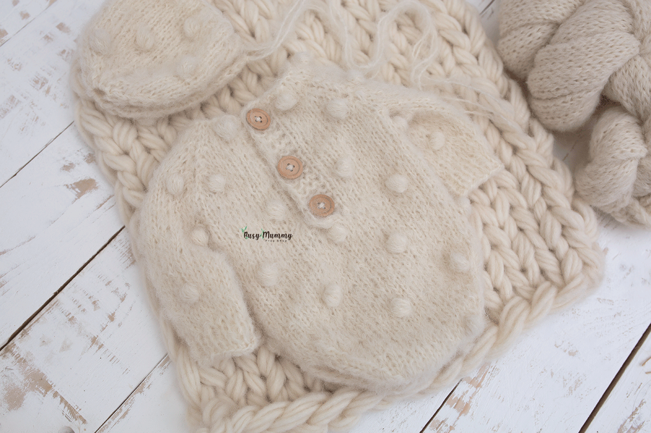 Newborn off white, romper, bubble style, boy, girl, romper, knitted layer, wrap, PRE ORDER