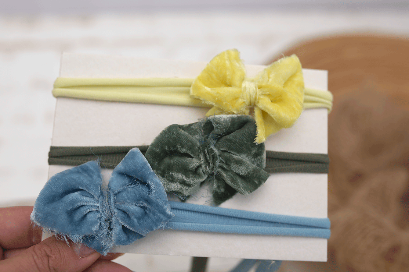 Newborn size velvet bow set, yellow, blue, green, Ready to send