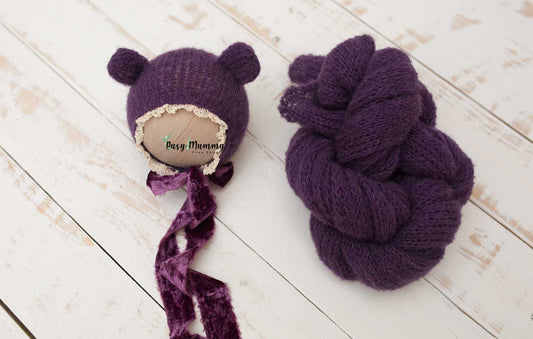 Newborn knitted wrap, deep purple, violet, bear bonnet, xtra long, velvet, Ready to send