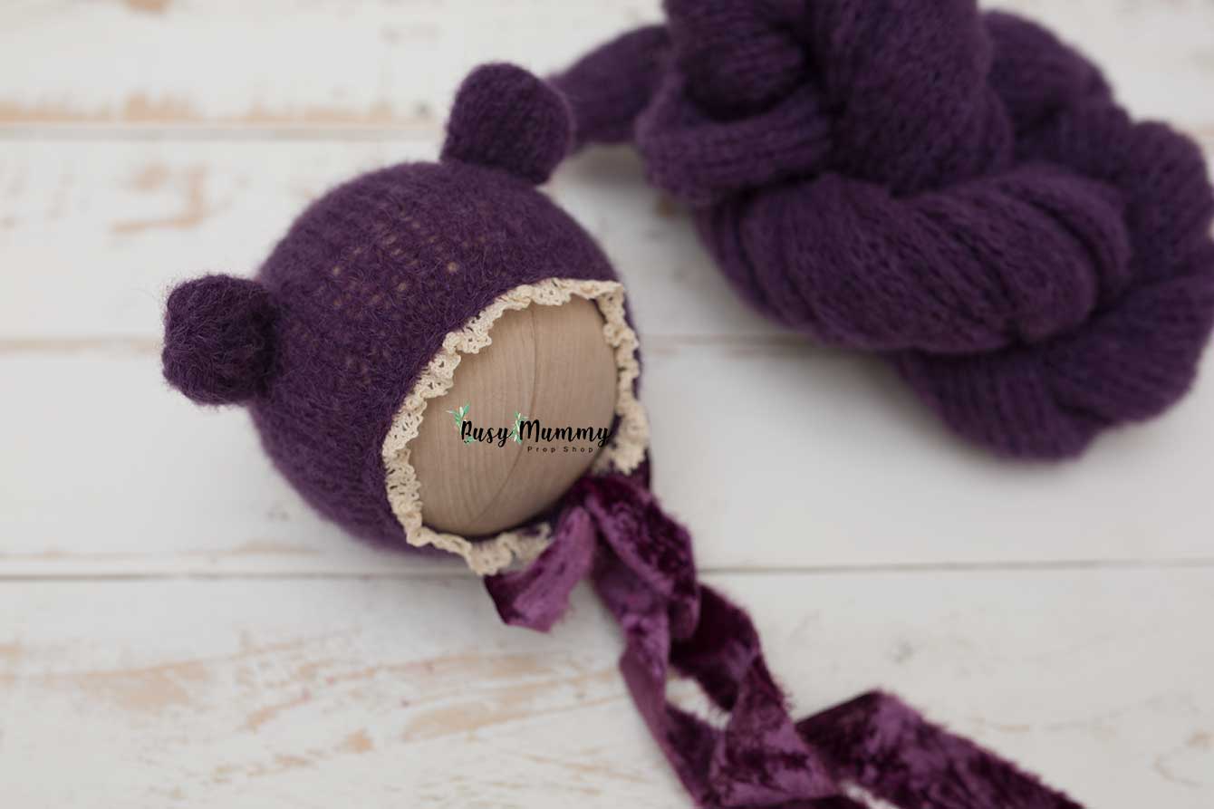 Newborn knitted wrap, deep purple, violet, bear bonnet, xtra long, velvet, Ready to send