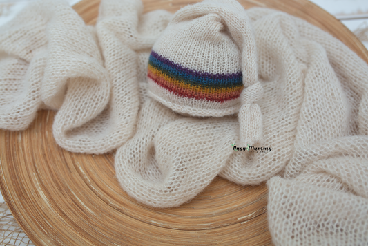Newborn knitted rainbow, wrap, off white, sleep hat, xtra long, ready to send