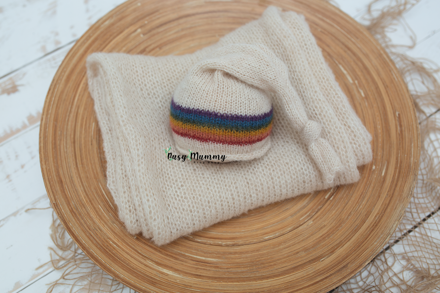 Newborn knitted rainbow, wrap, off white, sleep hat, xtra long, ready to send