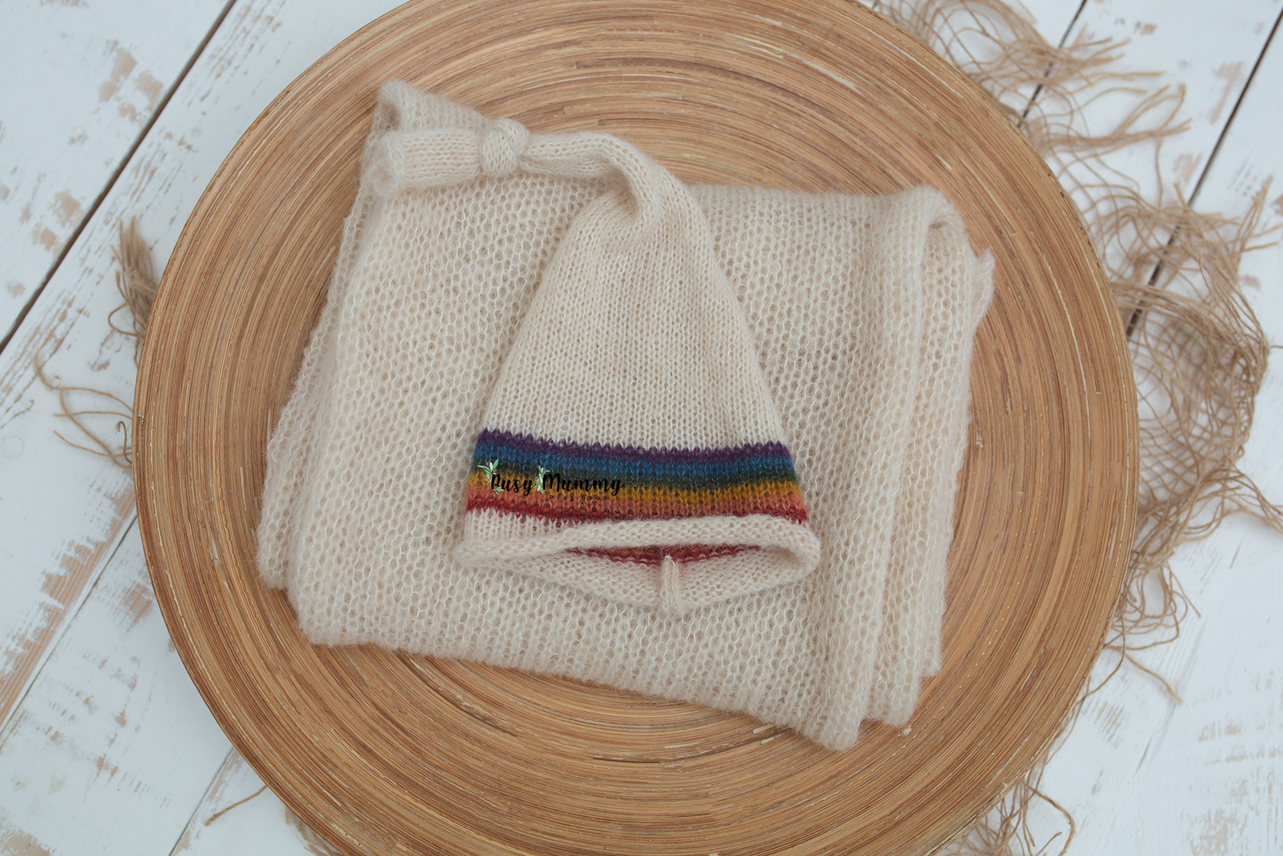 Newborn knitted rainbow, wrap, off white, sleep hat, xtra long, ready to send