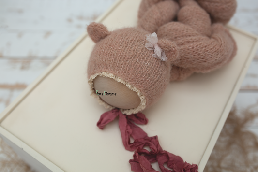 Newborn knitted bonnet, girl, bear, pink, sand pink, xtra long, alpaca wrap, Ready to send
