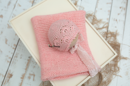 Newborn knitted wrap, bonnet, pink, girl, long, velvet, ready to send
