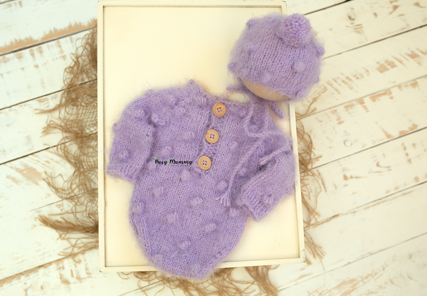 Newborn baby girl bobble style knitted romper, lavender, fluffy, Ready to send