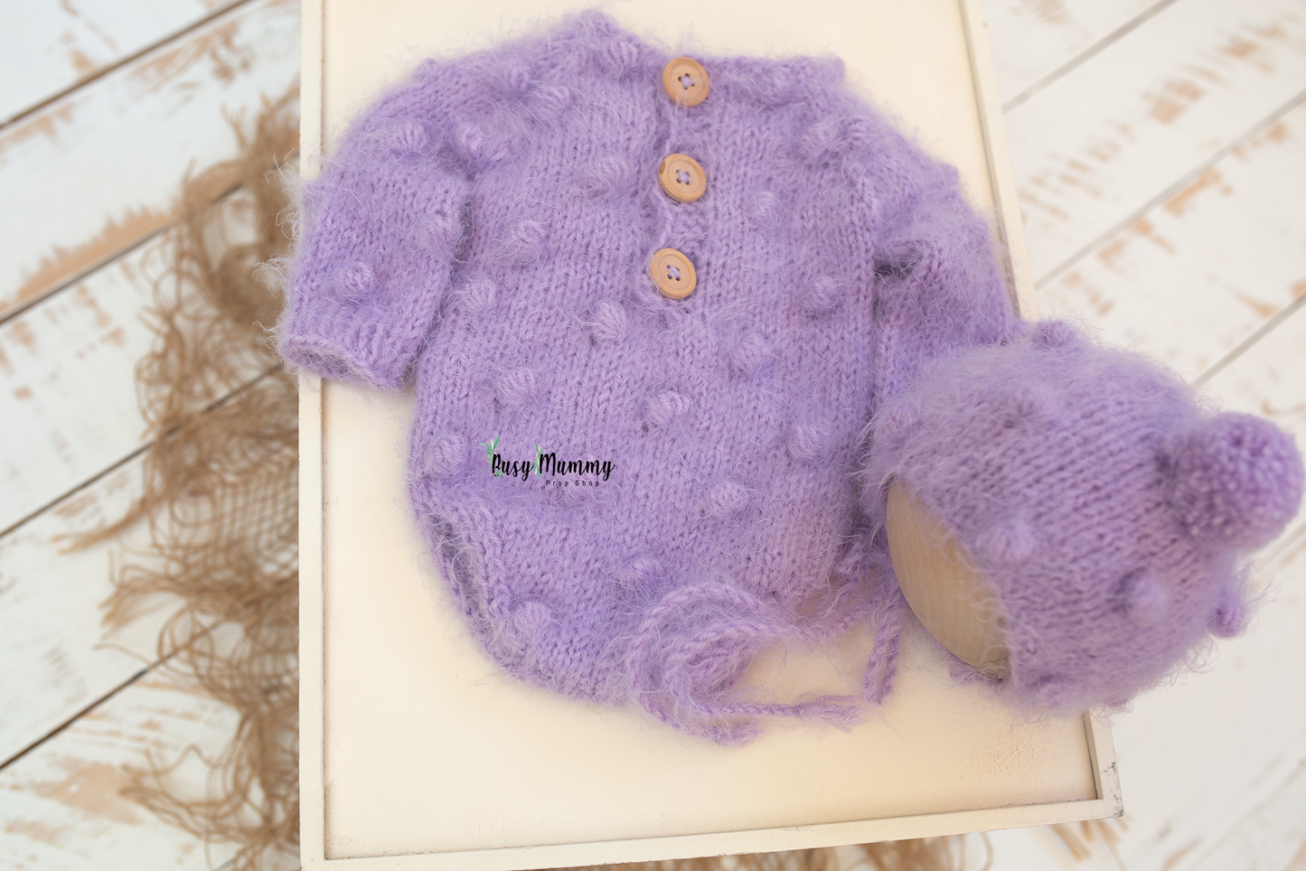 Newborn baby girl bobble style knitted romper, lavender, fluffy, Ready to send