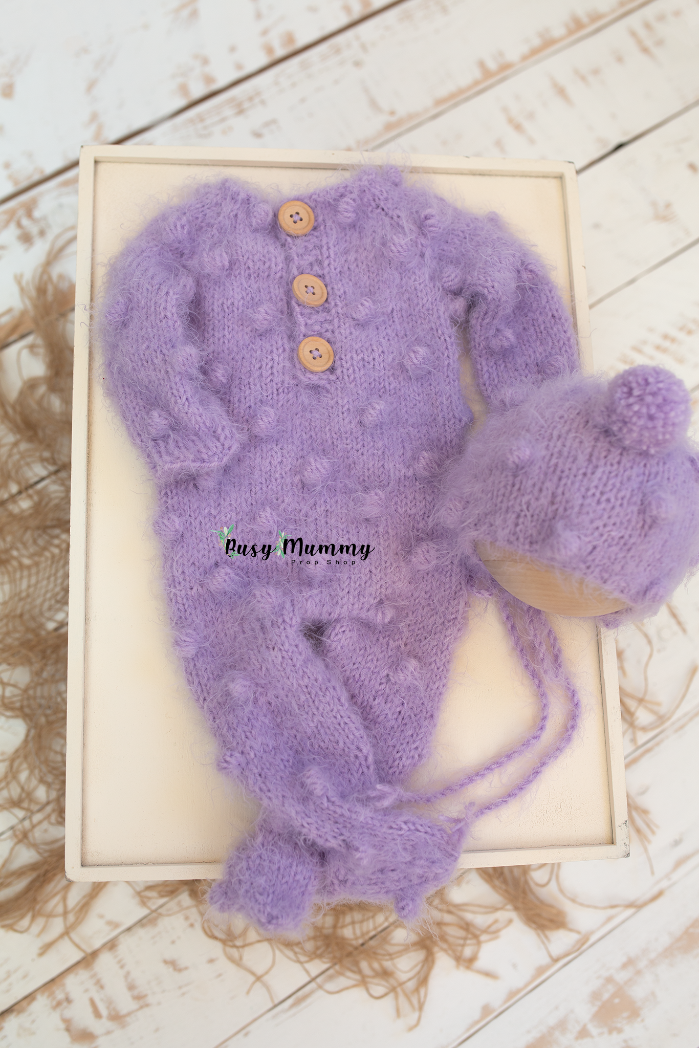 Newborn knitted bobble style pyjama, bonnet, lavender, fluffy, PRE ORDER