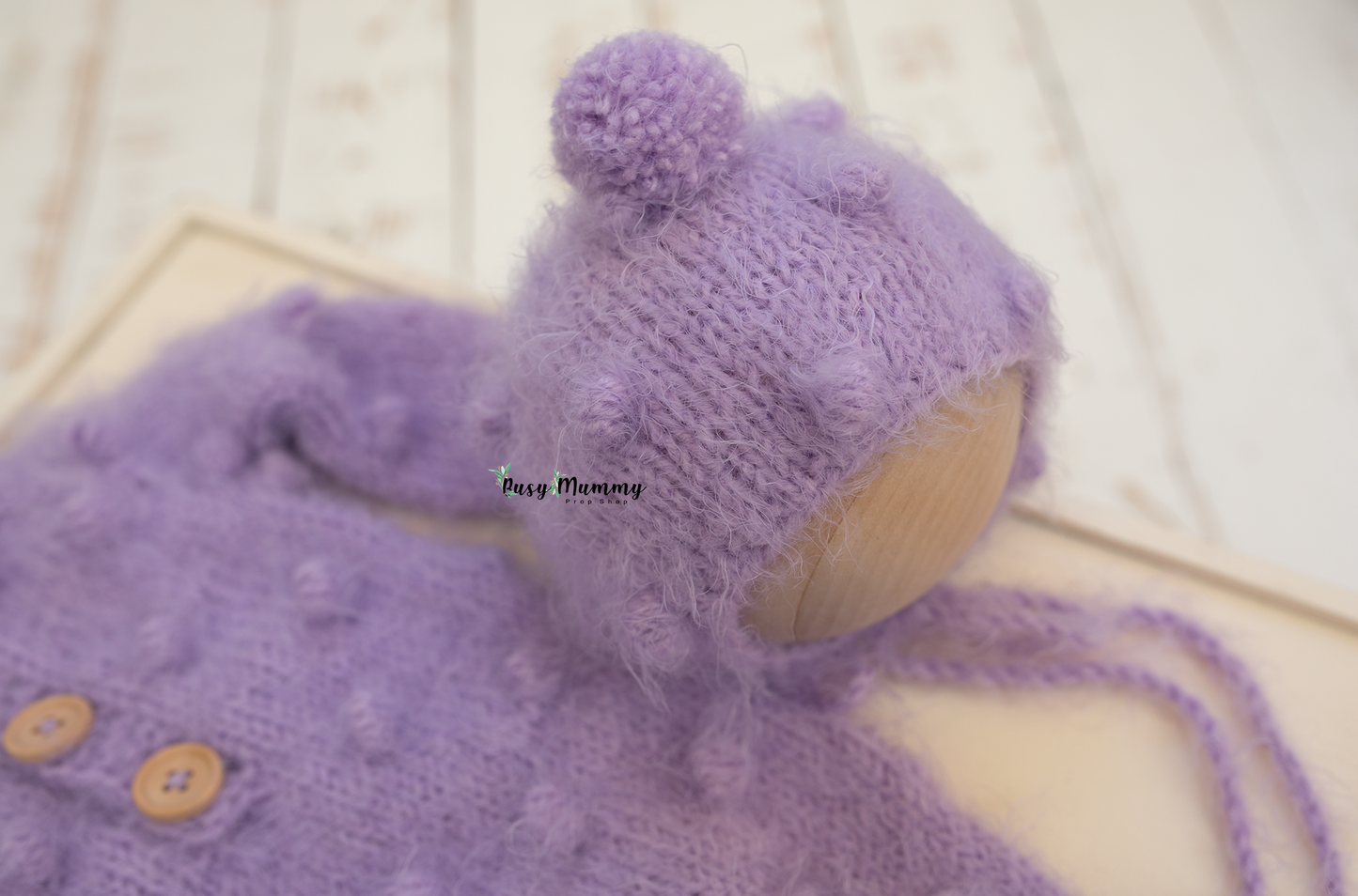 Newborn knitted bobble style pyjama, bonnet, lavender, fluffy, PRE ORDER