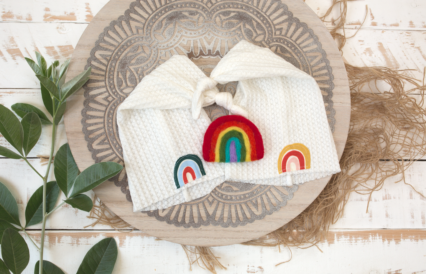 Newborn sleep hat, neutral, rainbow, twin set, Ready to send