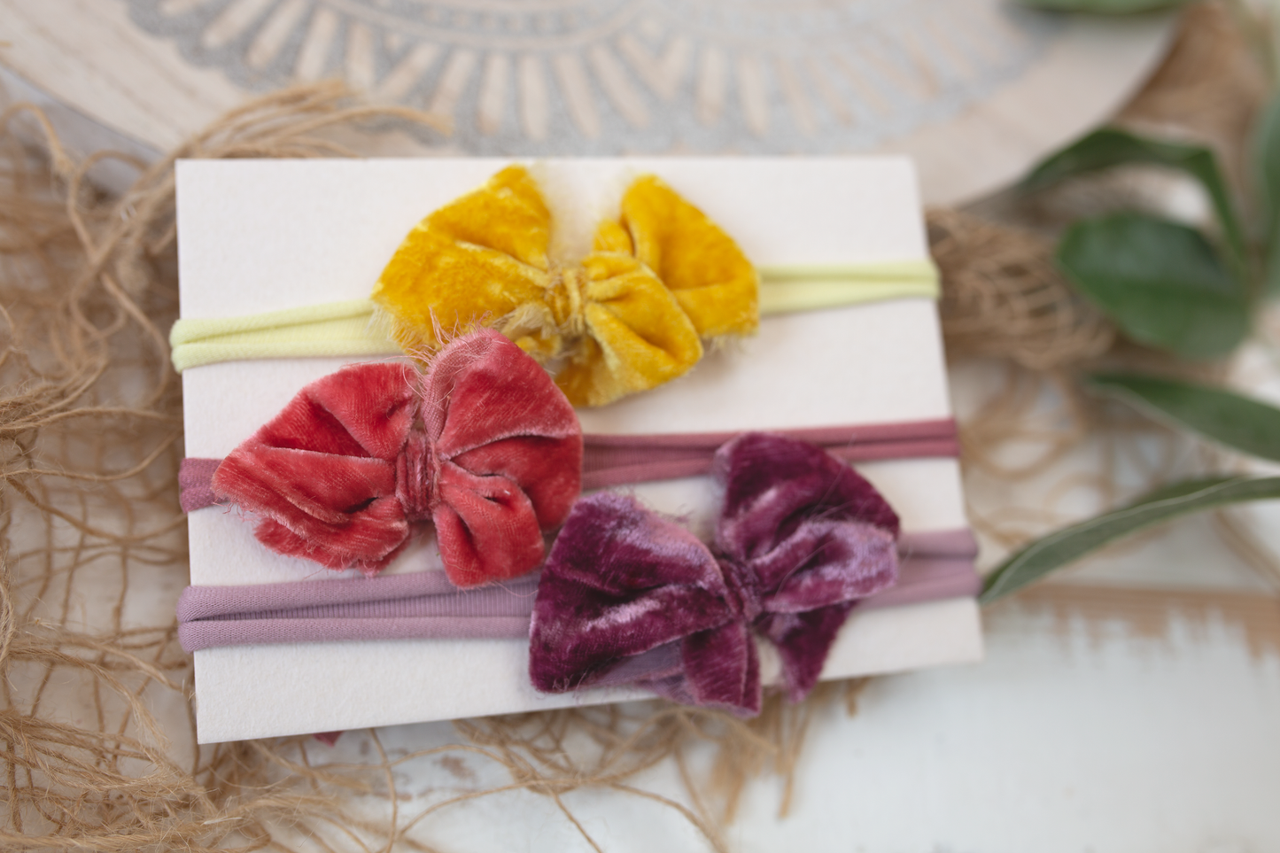 Newborn head ties, velvet, bow, yellow, rose, purple, Ready to send