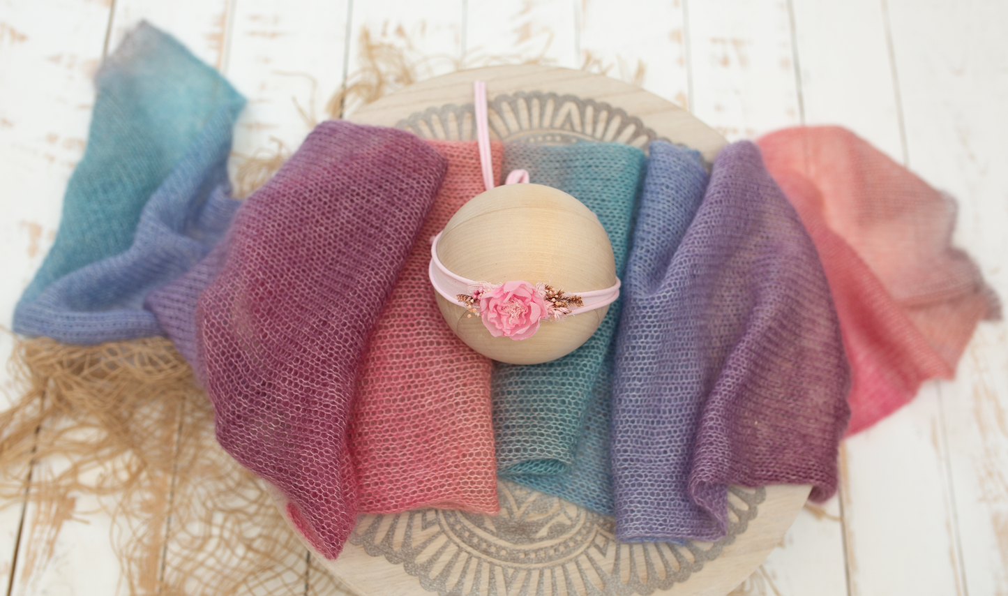 Newborn knitted wrap, rainbow, girl, headband,mohair,  Ready to send