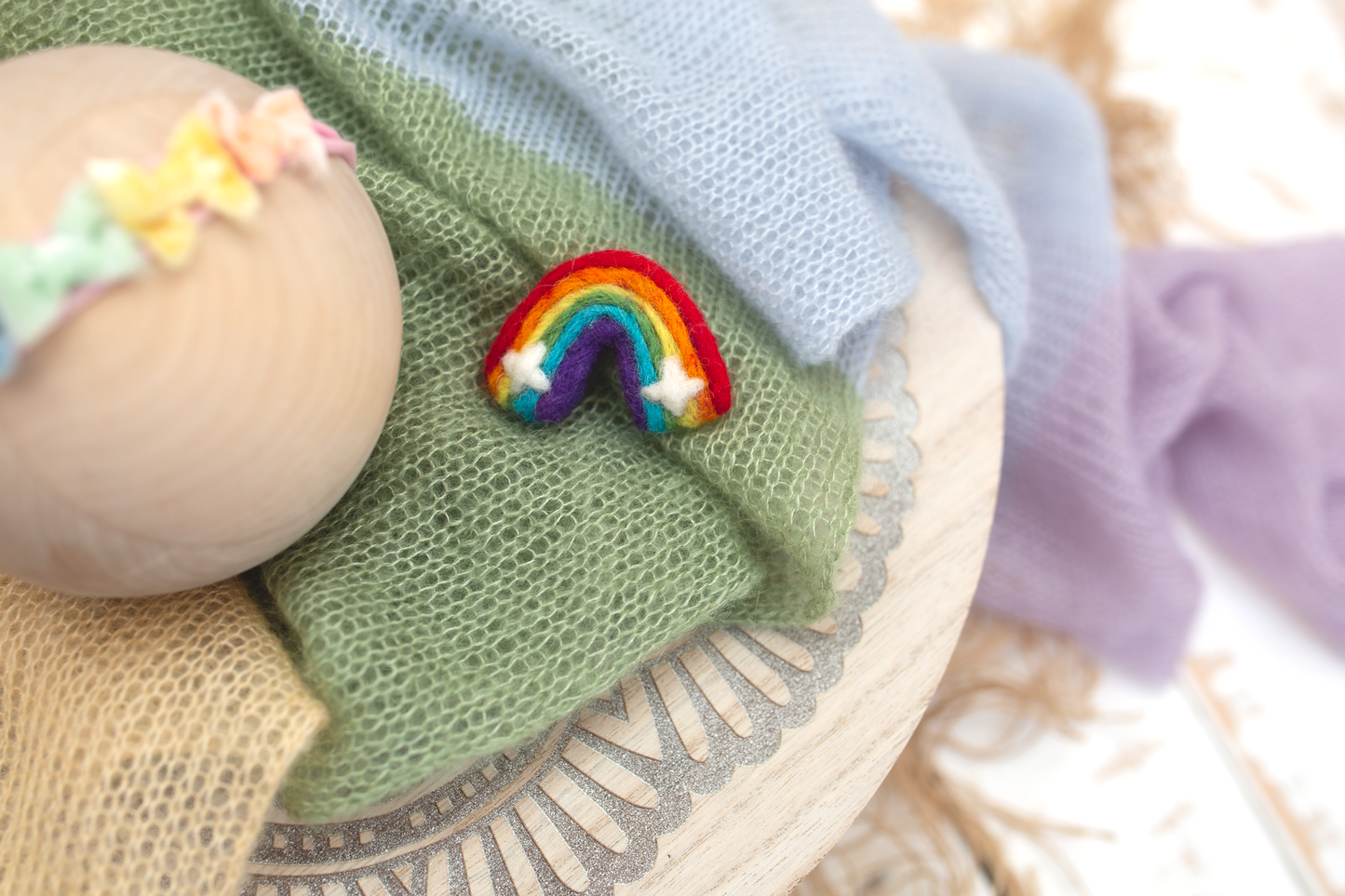 Newborn knitted wrap, rainbow, xtra long, headtie, felted rainbow, Ready to send